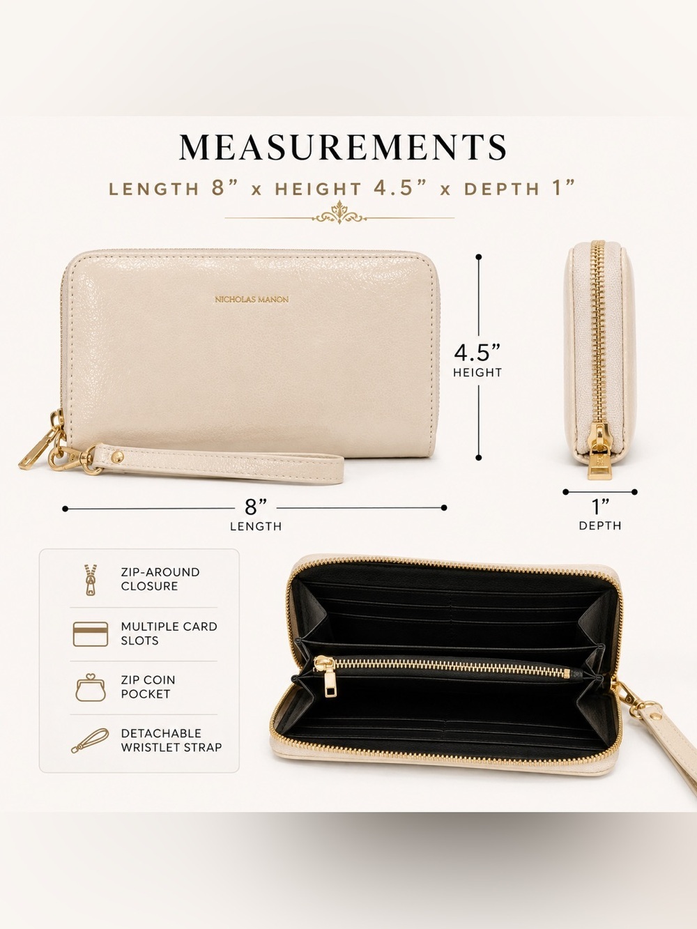 Cream Patent Leather Zip Around Wallet Wristlet Clutch Organizer Travel NWT - Picture 11 of 11